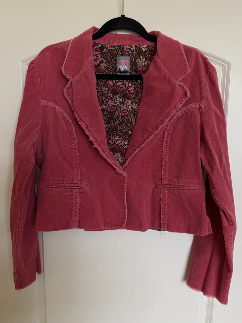 Y2K Star City Corduroy Distressed Frayed Cropped Blazer Jacket Lightweight